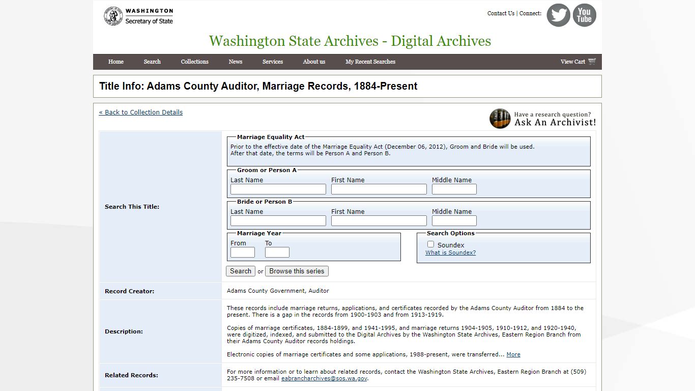 Title Info: Adams County Auditor, Marriage Records, 1884 ...