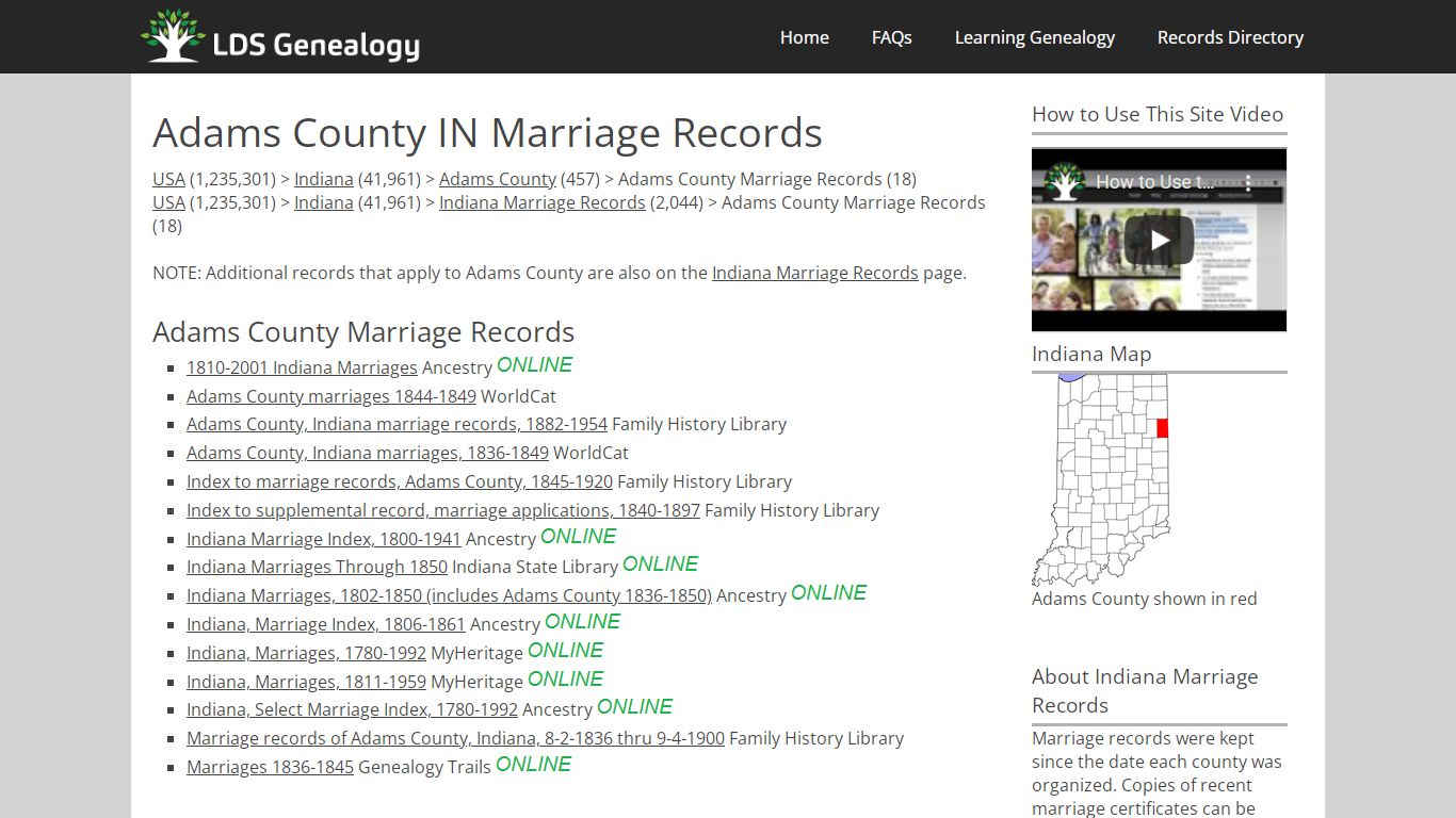 Adams County IN Marriage Records - LDS Genealogy